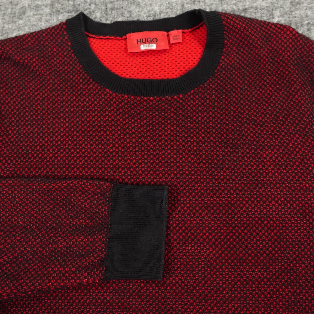 HUGO Boss Sweater Mens Small Red‎ Black Textured Knit Pullover Crewneck
